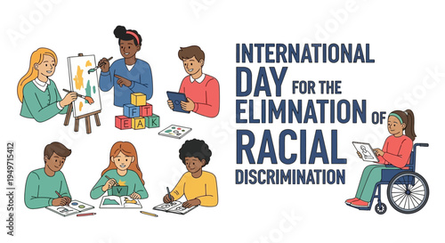 Illustration of diverse people engaging in activities on International Day for the Elimination of Racial Discrimination with a message of unity and equality.