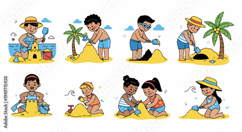 Set of cute diverse cartoon children playing in the sand and building sandcastles at the beach, featuring colorful summer fun illustrations.