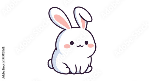 Cute white rabbit character with pink ears and rosy cheeks sits in a simple pose on a clean white background.