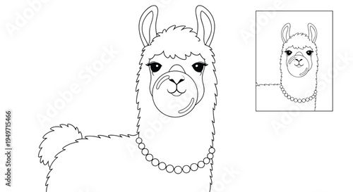 Whimsical line art of a llama wearing a pearl necklace and blowing a large bubble with gum, including a small inset.