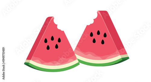 Pair of delicious watermelon slices with vibrant pink flesh and black seeds, one showing a small bite at the top.