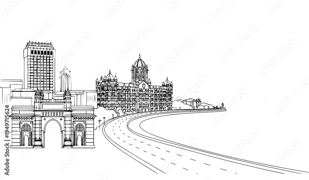 Obraz premium Mumbai Skyline with Gateway of India and Chhatrapati Shivaji Terminus Vector Illustration