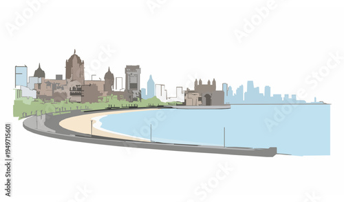 Panoramic Mumbai Skyline with Marine Drive and Gateway of India Vector Cityscape
