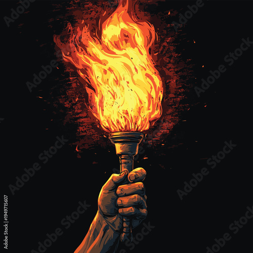 Fire torch in male hand , vector style simple color