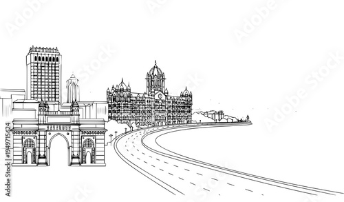 Mumbai Skyline with Gateway of India and Chhatrapati Shivaji Terminus Vector Illustration