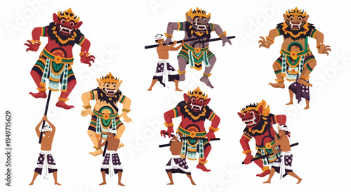 A set of Balinese Ogoh-ogoh demon characters being paraded by local men in traditional costumes for the Nyepi festival.