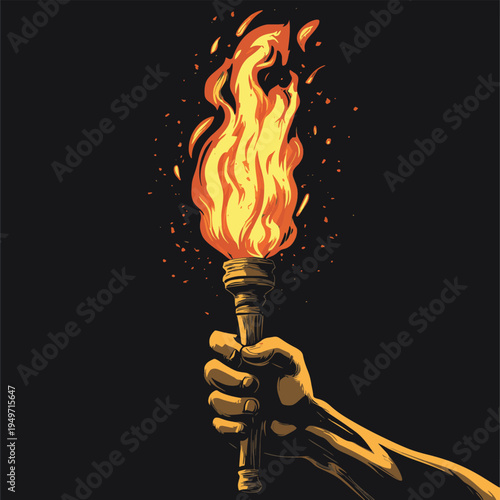 Fire torch in male hand , vector style simple color