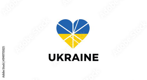Minimalist logo design featuring a heart shape colored like the Ukrainian flag with a shattered glass effect over the name Ukraine.