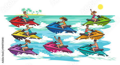 Group of tourists enjoying jet skiing on vibrant personal watercraft in a tropical sea near a palm tree island.