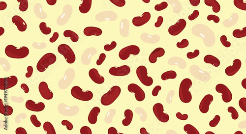 Seamless pattern of scattered kidney beans and white beans on a soft yellow background for food packaging and kitchen decor.