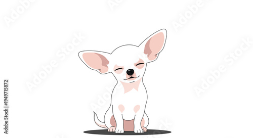 Cute white chihuahua dog character sitting with its eyes closed and large ears in a simple minimalist illustration on white.