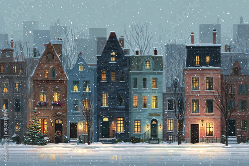 Winter city street with snow falling on old townhouses and decorated Christmas tree glowing warmly in evening, creating cozy festive atmosphere
