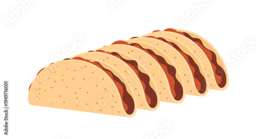 Delicious row of six freshly made beef tacos in hard shells with seasoned meat and toppings arranged for a Mexican food theme.