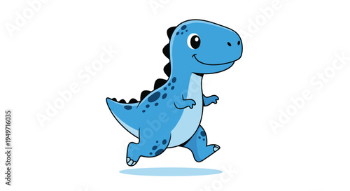 Adorable blue baby dinosaur character with spots running happily against a white background for children and nursery themes.