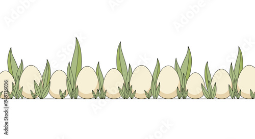 Row of simple beige eggs hidden within tall blades of green grass in a clean minimalist vector illustration style.