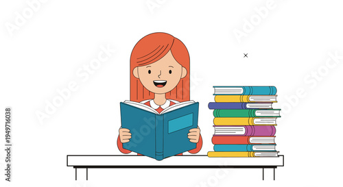 Happy young girl with red hair sitting at a desk and reading a book with a tall stack of colorful books next to her.
