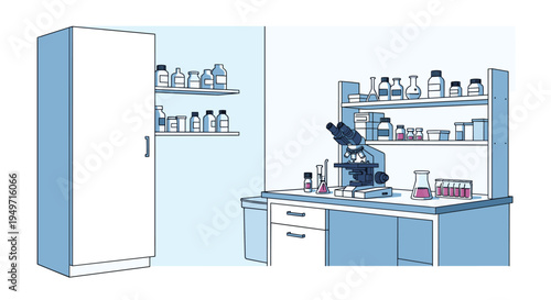 Modern laboratory room with a microscope on the desk and many shelves filled with chemical bottles and glass tubes.