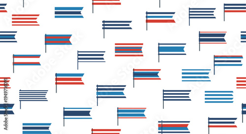 Seamless pattern of various nautical flags and signal banners in red white and blue colors on a clean background.