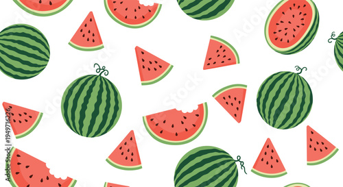 Refreshing summer pattern of whole green watermelons and slices with bite marks shown on a white background.