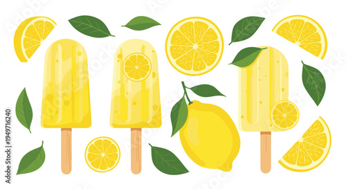 Set of lemon flavored popsicles along with fresh whole lemons and slices with green leaves on a white background.