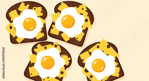 Delicious breakfast meal of dark whole grain bread slices topped with melted cheese and sunny side up fried eggs.