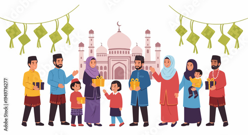Happy Muslim family and community celebrating Eid al-Fitr with gifts in front of a mosque decorated with traditional ketupat