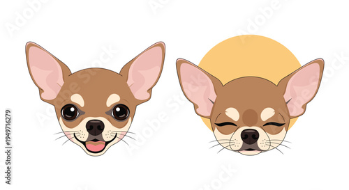 Two versions of a cute brown chihuahua dog head with one smiling and one closing its eyes against a sun icon.