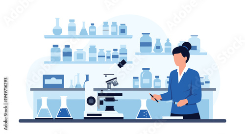 Professional female scientist working in a modern blue laboratory using a microscope and various glassware.