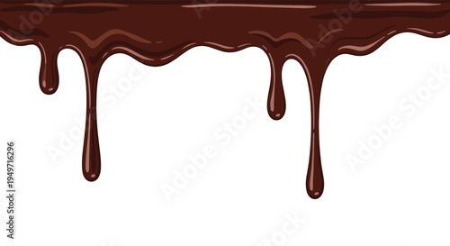 Dark brown melted chocolate or sweet syrup liquid dripping down in thick drops from the top of the image frame.