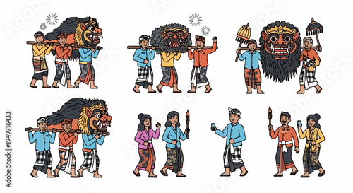 Cartoon Illustration Set of Balinese People in Traditional Costumes Participating in a Cultural Parade with Barong Masks and Ceremonial Items