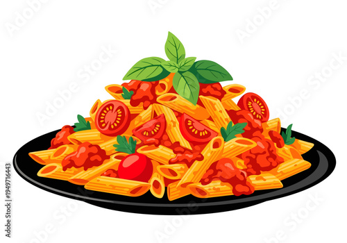 A vibrant platter of penne pasta is generously coated in thick red tomato sauce, mixed with fresh cherry tomato halves, sprinkled with parsley, and elegantly crowned with bright green leaves of basil