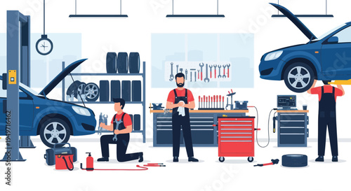 Auto Repair Shop Scene with Mechanics Working on Cars and Tools
