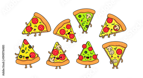 Cute Kawaii Pizza Slices with Faces - Funny Food Characters