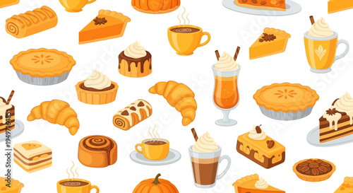 Autumn Desserts and Drinks Pattern: Pies, Coffee, Croissants, Pumpkin Spice