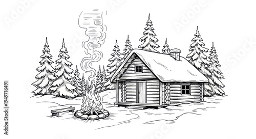 Cozy Log Cabin in Snowy Forest with Campfire and Smoke