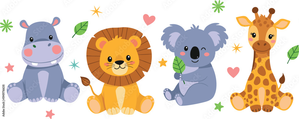 Naklejka premium Adorable Cartoon Zoo Animals Illustration with Happy Hippo Lion Koala Giraffe Hearts Stars Leaves Sparkles for Kids Nursery Baby Education and Children Graphic Projects