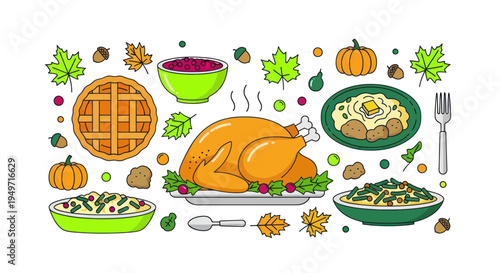 Thanksgiving Dinner Feast - Roasted Turkey, Pie, Mashed Potatoes, Cranberry Sauce