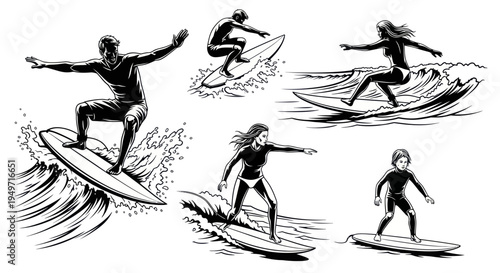 Surfing Collection: Diverse People Riding Waves on Surfboards, Dynamic Action