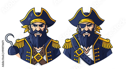 Two Cartoon Pirates, One With Hook Hand, Bearded Sailors in Traditional Outfits