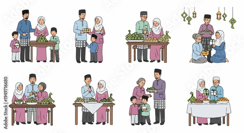 Set of illustrations depicting various Muslim families celebrating Hari Raya Aidilfitri with traditional food, clothing, and gifts in a simple flat art style.