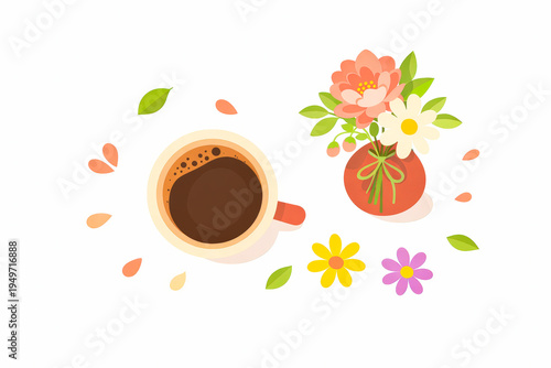 Flat lay illustration of coffee cup with flowers and leaves on white background
