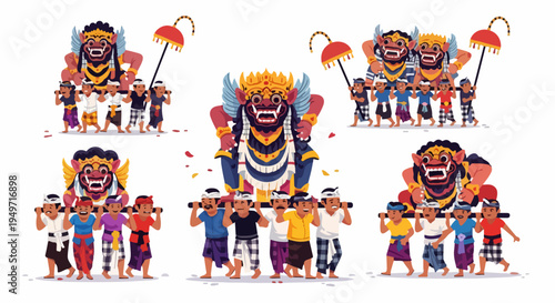 Vector Illustration Set of Balinese Men Carrying Traditional Ogoh-ogoh Statues During the Pengerupukan Parade Before Nyepi Day in Bali