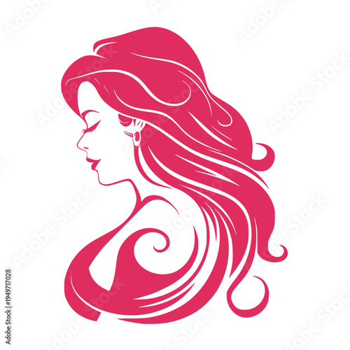 Elegant Pink Vector Illustration of a Beautiful Woman with Long Wavy Hair