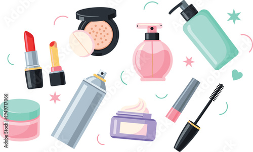 Cute Beauty and Makeup Products Illustration Set with Lipstick Powder Perfume Lotion Mascara Hairspray Cream Hearts Stars Sparkles for Cosmetics Fashion Glamour and Girly Designs