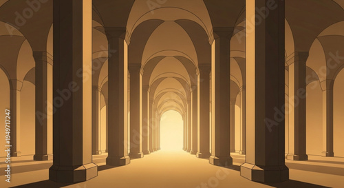 Long corridor with arches and columns leading to bright light at the end creating a sense of depth and mystery in a warm golden atmosphere