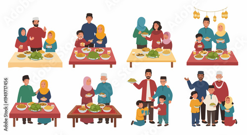 Collection of flat illustrations depicting various Muslim families enjoying a traditional Eid al-Fitr feast together in a warm and festive atmosphere.