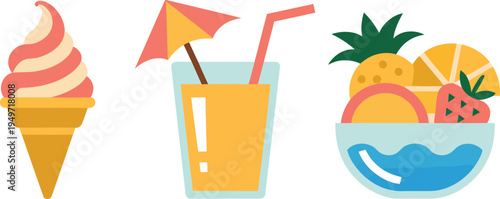 Colorful icons of ice cream, drink and fruit bowl