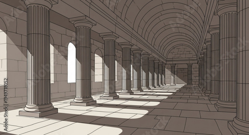 Ancient stone corridor with arched ceiling and columns sunlight casting shadows empty hallway with tiled floor and windows