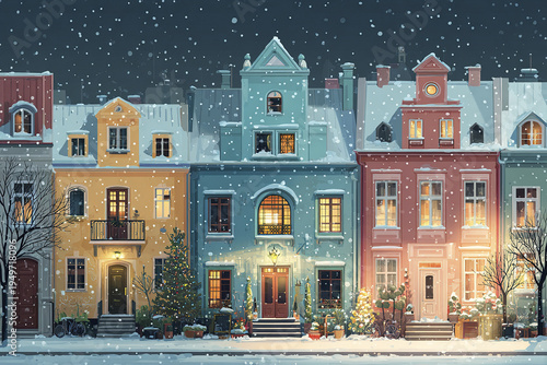 Colorful European houses in winter with snow falling gently, warm lights glowing from windows, and decorated Christmas trees creating cozy festive atmosphere on quiet street