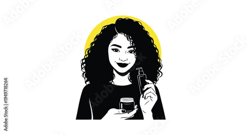 Beauty illustration of woman holding skincare bottles